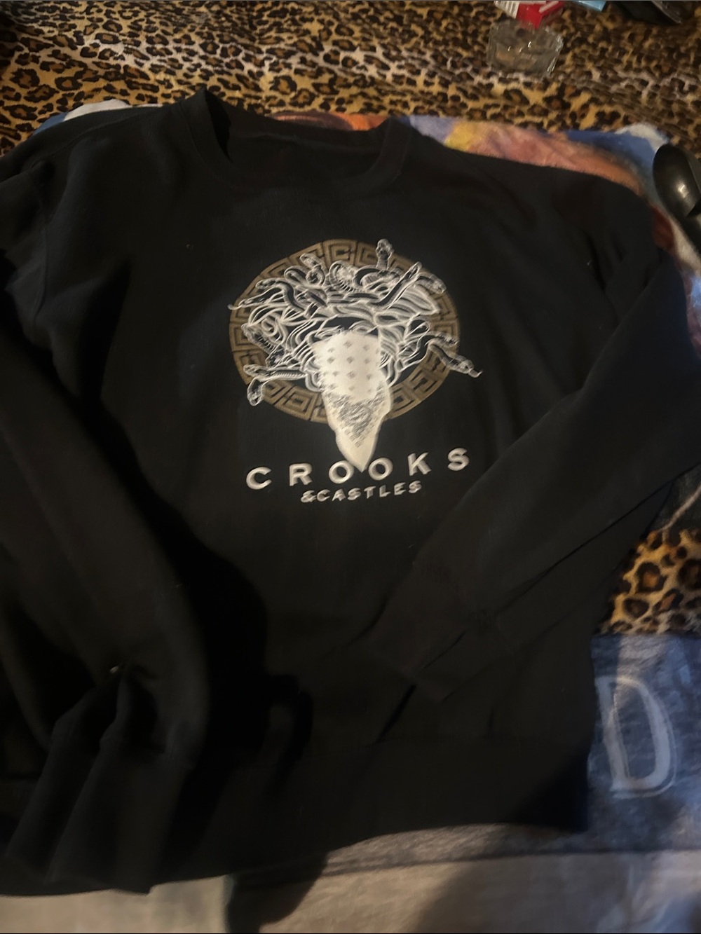 Crooks & Castles Black Crewneck with White & Gold Medusa Graphic